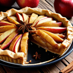 **

A vibrant close-up shot of a sliced apple pie with a golden-brown crust, drizzled with a homemade apple puree. Cinnamon sticks and star anise are scattered around the pie, adding a warm, inviting aroma. The background is a rustic wooden table, highlighting the pie's natural ingredients.

**