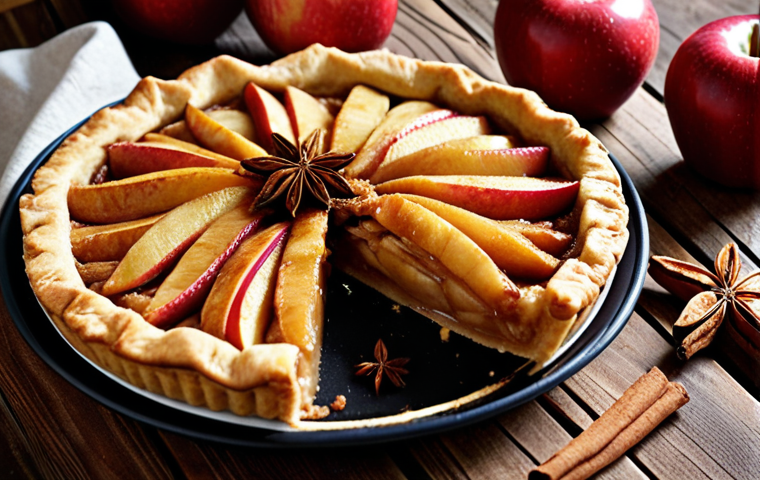 **

A vibrant close-up shot of a sliced apple pie with a golden-brown crust, drizzled with a homemade apple puree. Cinnamon sticks and star anise are scattered around the pie, adding a warm, inviting aroma. The background is a rustic wooden table, highlighting the pie's natural ingredients.

**