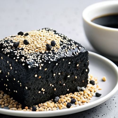 "Black sesame tofu cake with a scattering of sesame seeds, soft focus, natural light, on a minimalist plate."