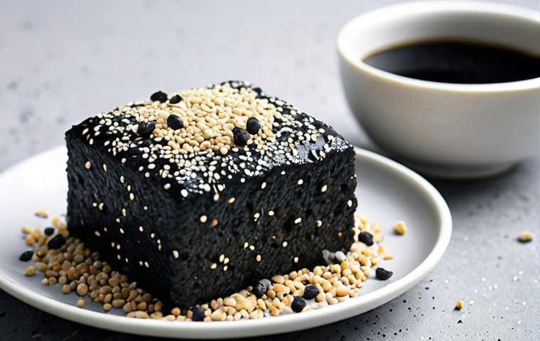 "Black sesame tofu cake with a scattering of sesame seeds, soft focus, natural light, on a minimalist plate."